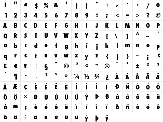 Futura LT CondensedExtraBold  glyph index