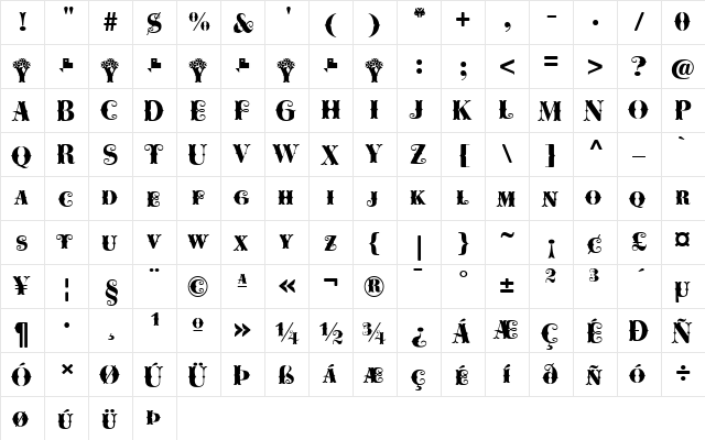Cowboya Bifurcated Regular  glyph index