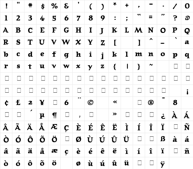 JournalBold Regular  glyph index