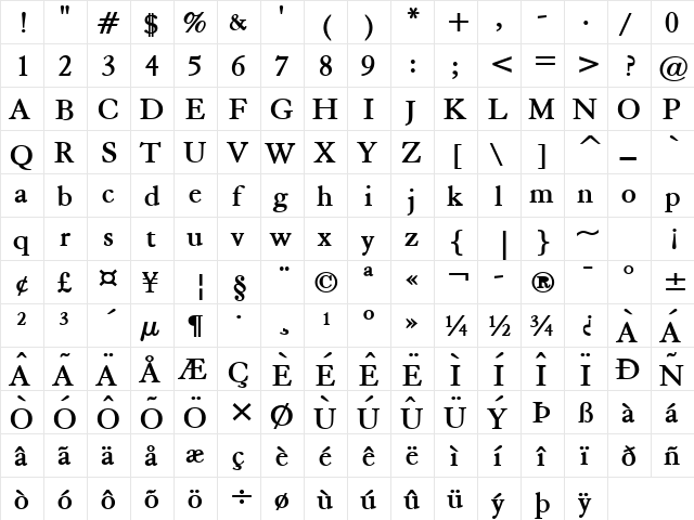 Elephant Wide Bold  glyph index