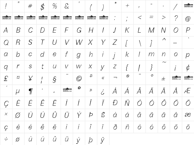 Boring Sans B Trial Light Italic  glyph index