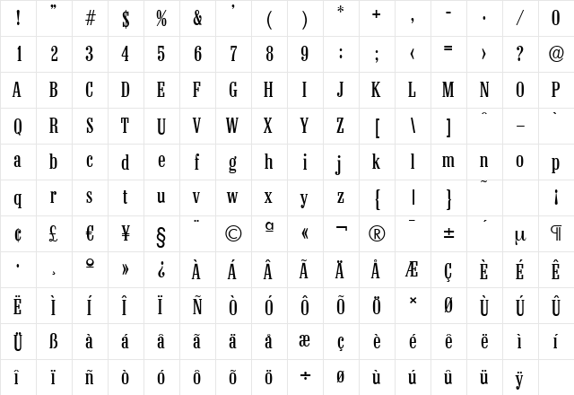 ColonelSerial Regular  glyph index