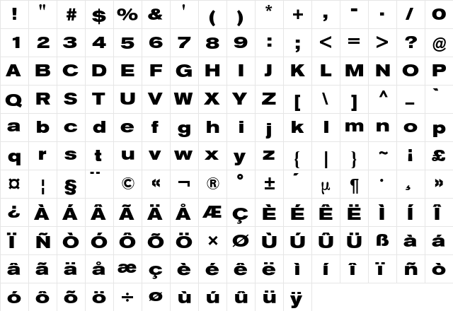 Akzidenz-Grotesk Extended BQ Regular  glyph index