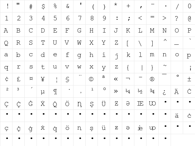 Noxchi Courier New Regular  glyph index