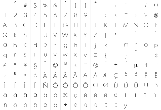Montreal-Xlight Regular  glyph index