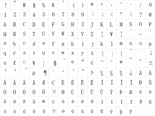 MS Mincho Regular  glyph index