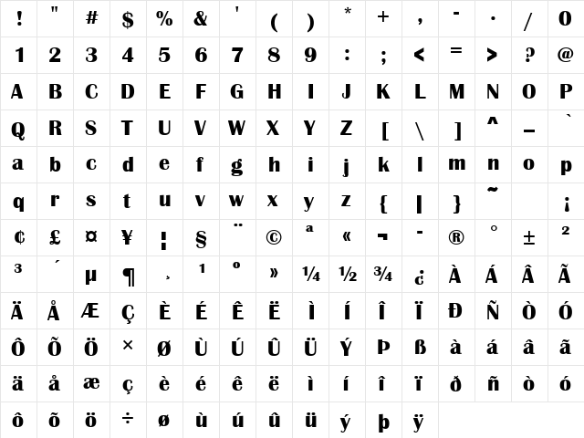 Britannic Bold Bold  glyph index