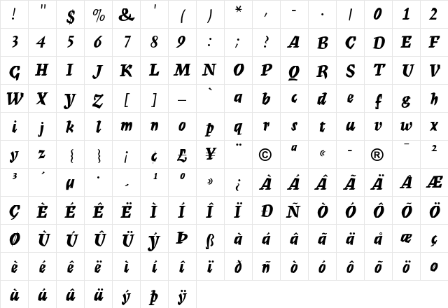 Mercurius MT Bold Script  glyph index