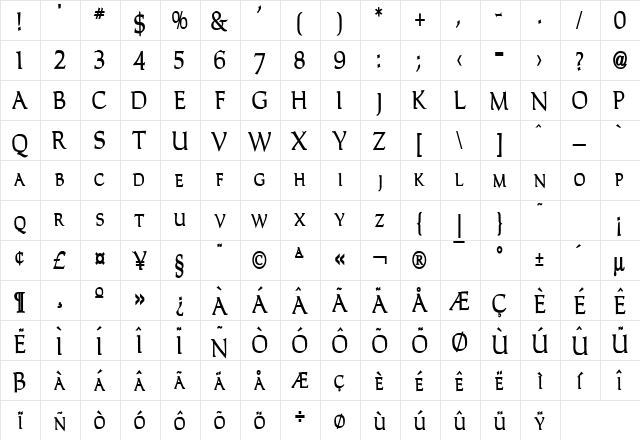 Carla Thin Bold  glyph index