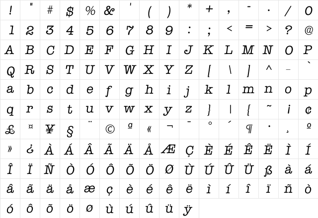 Itypewriter Regular  glyph index