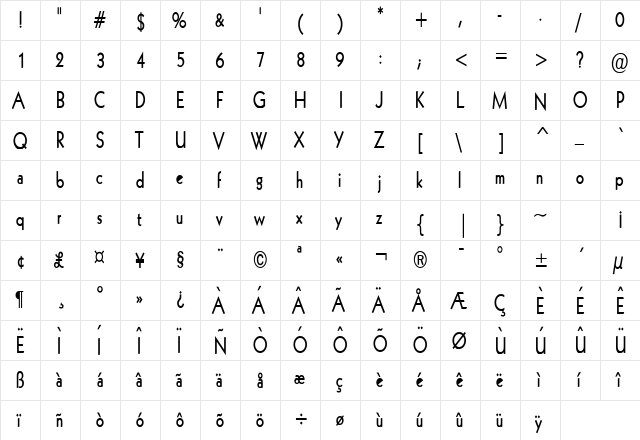 Geo 112 Thin Bold  glyph index