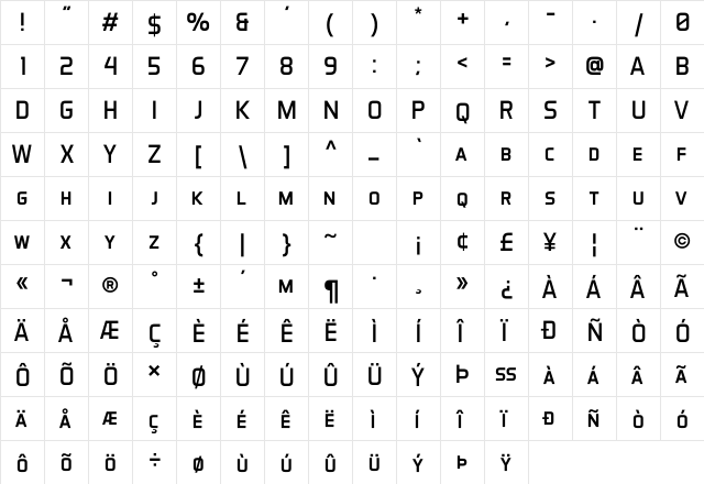 Aero Matics Display Regular  glyph index