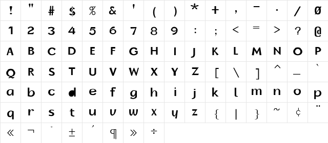 Granby Bold Regular  glyph index