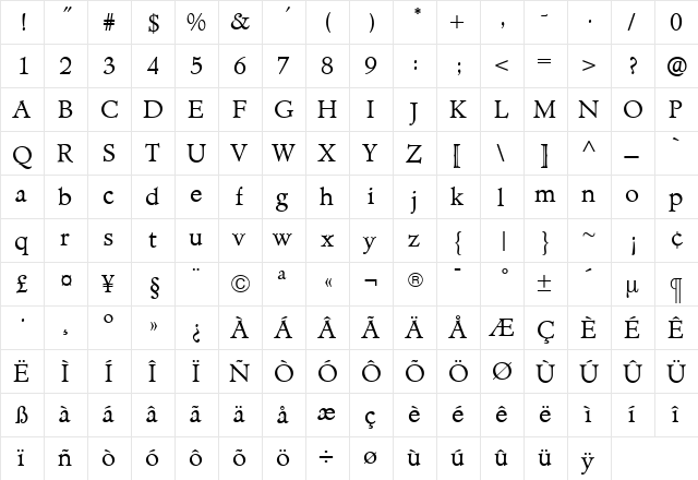 TCAdministerBook Roman  glyph index