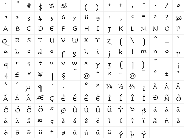 CarlinScript LT Std Light Regular  glyph index