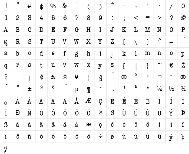 AmericanTypewriter LT Cn Regular  glyph index