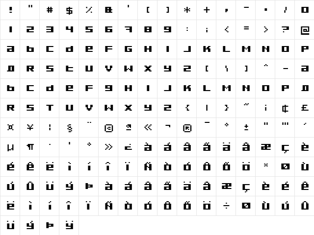 Pixeldust Expanded Bold  glyph index