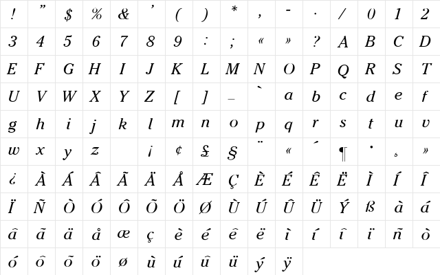 Cheltenham-Italic Regular  glyph index