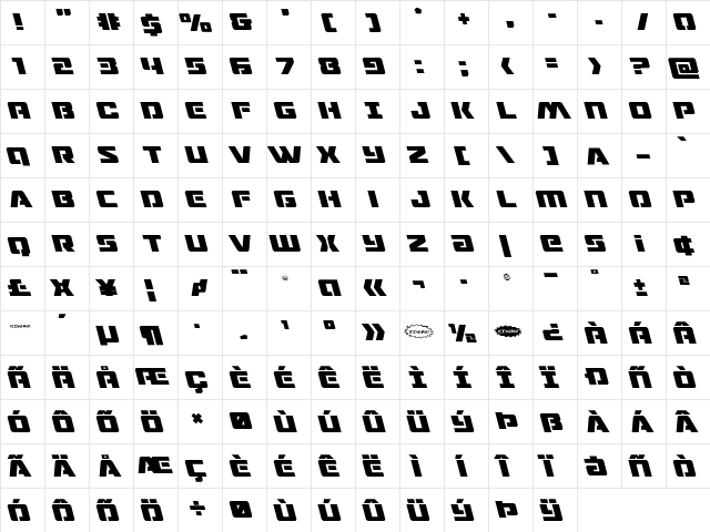 Drone Tracker Leftalic Italic  glyph index