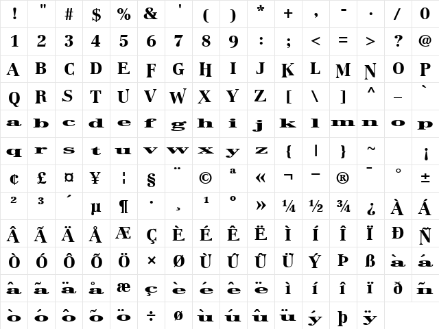 Boston Regular  glyph index