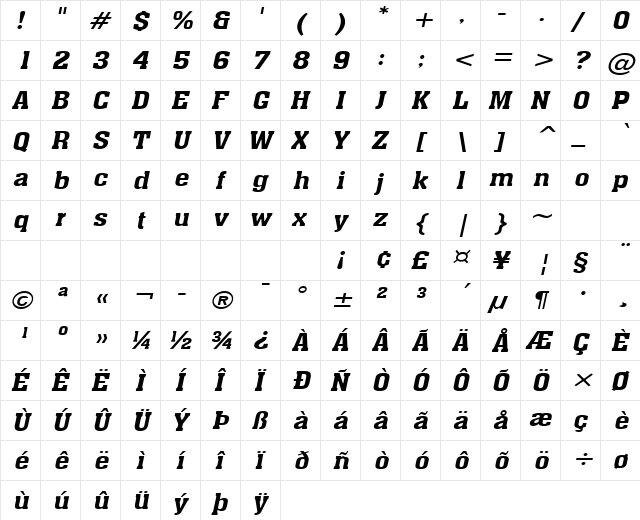 Ache-Extended Bold Italic  glyph index