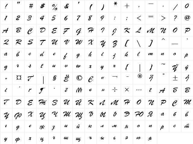 UkrainianBrushScript Regular  glyph index