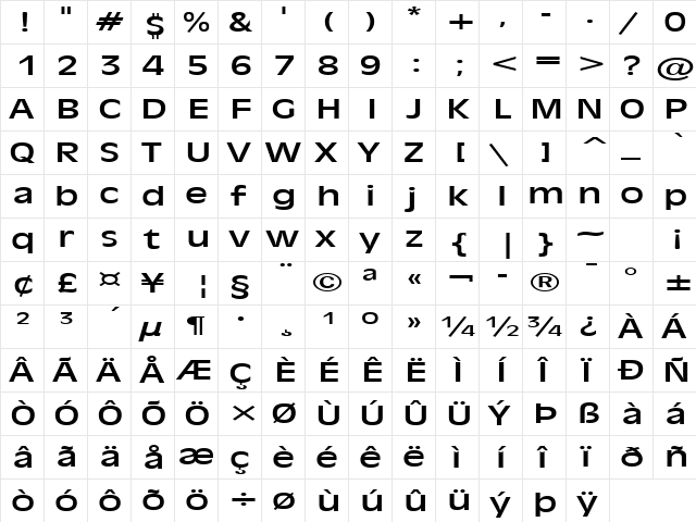 Antiqua 101 Extended Normal  glyph index