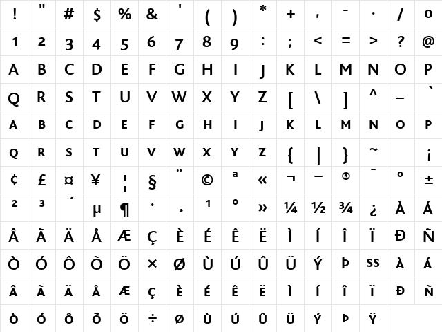 BlissCapsBold Regular  glyph index