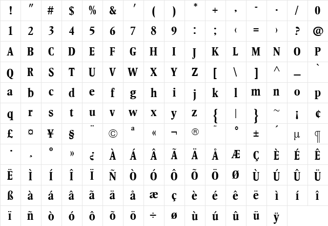 LeightonBoldCond Roman  glyph index