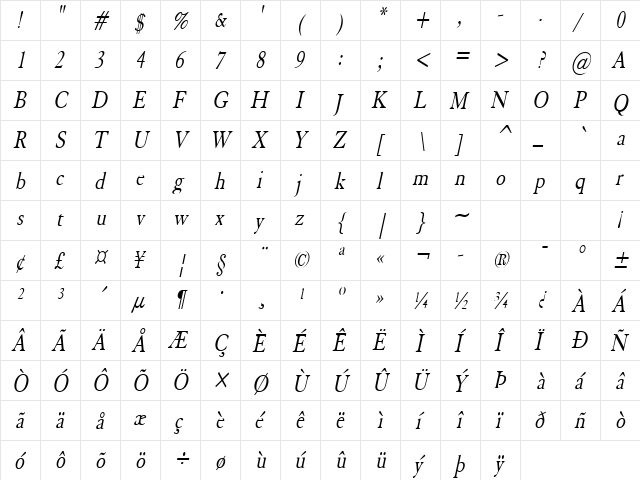 Elephant-Condensed Italic  glyph index