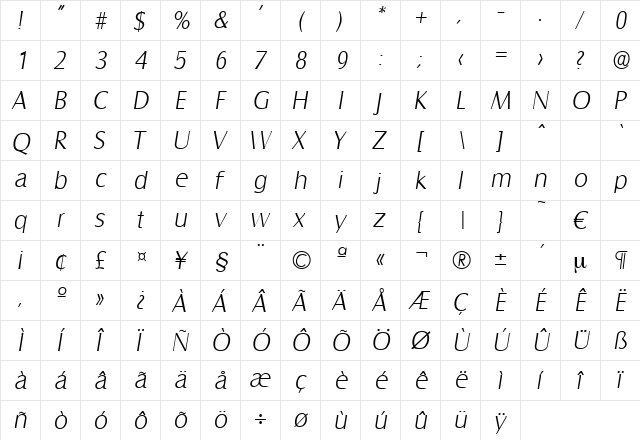 Salzburg-XlightIta Regular  glyph index