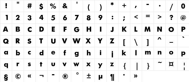 FuturaFuturisC Bold  glyph index