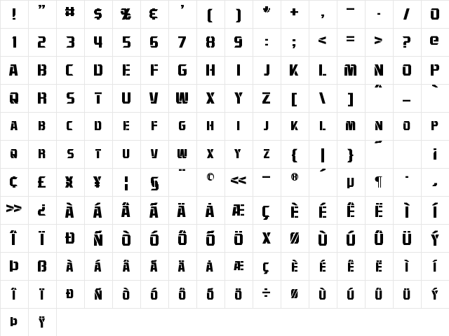 Combatron Regular  glyph index