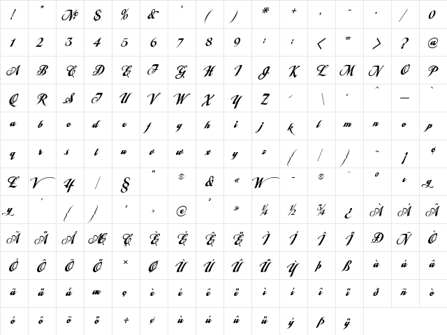 LHF Tideway Script Regular  glyph index