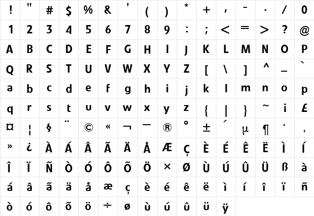 Evo BQ Regular  glyph index