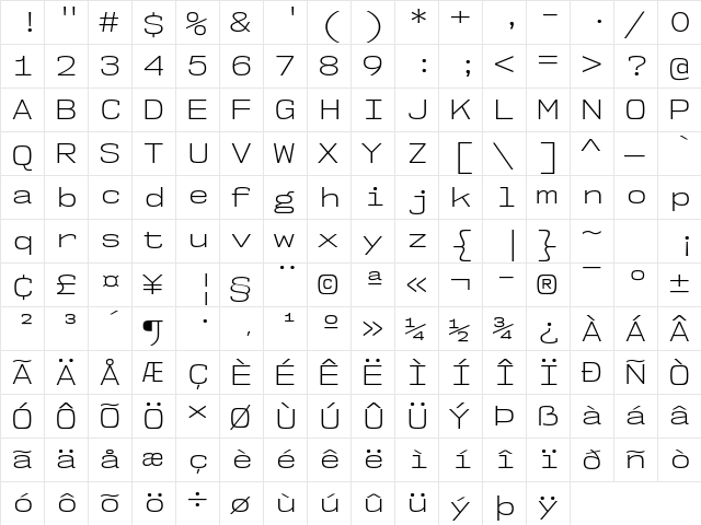 NK57 Monospace Semi-Expanded Light  glyph index