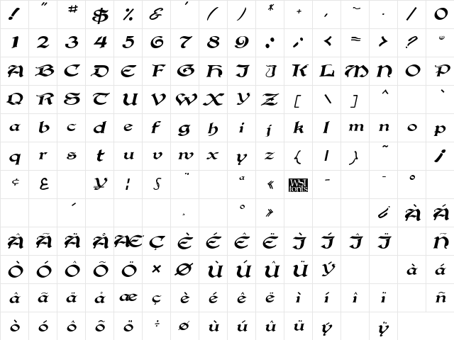 Gregorian Italic  glyph index