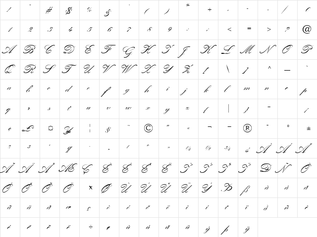 QuillScriptSSK Bold  glyph index