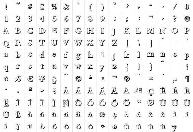BambergShadow Bold  glyph index