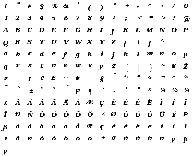 Usherwood LT Black Italic  glyph index