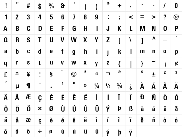 LinotypeUnivers CondBold  glyph index