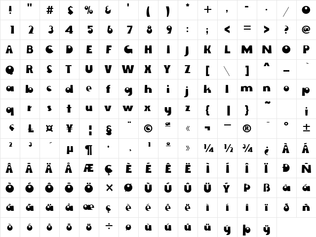 Ewing Regular  glyph index