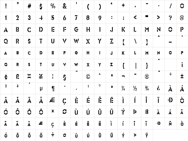 Templett-Condensed Normal  glyph index