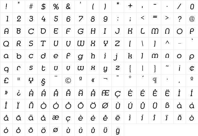 Imedia Regular  glyph index