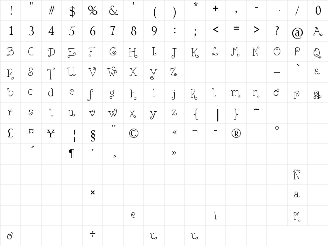 Lejana Regular  glyph index