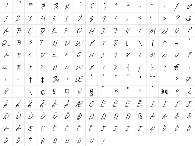 Pirouette Regular  glyph index