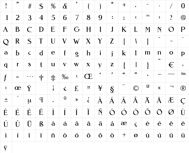 Nevada-Regular Regular  glyph index