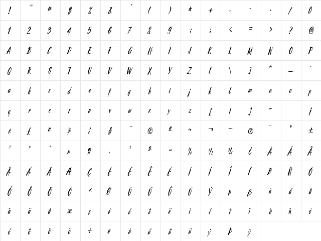 PlageTahiti Regular  glyph index
