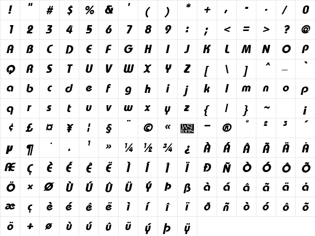BordeauxHeavy Italic  glyph index
