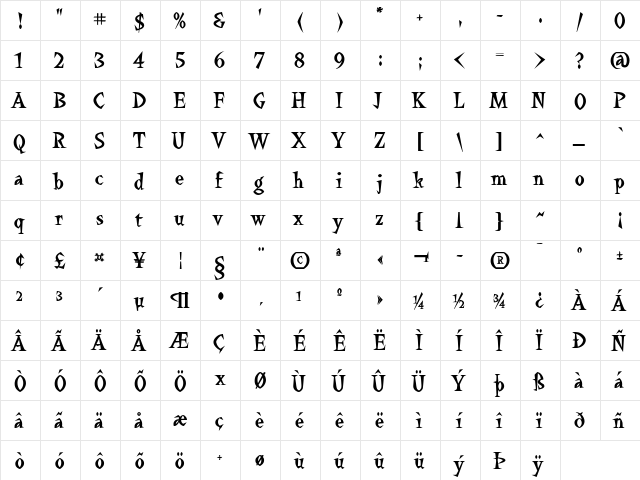 Quetzalcoatl Bold  glyph index